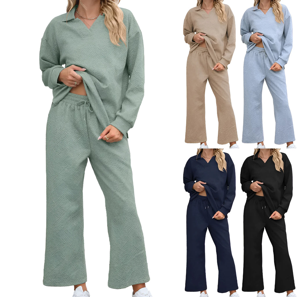 Women's solid colour knitted jacquard sweater and cropped pants suit in a geometric pattern.