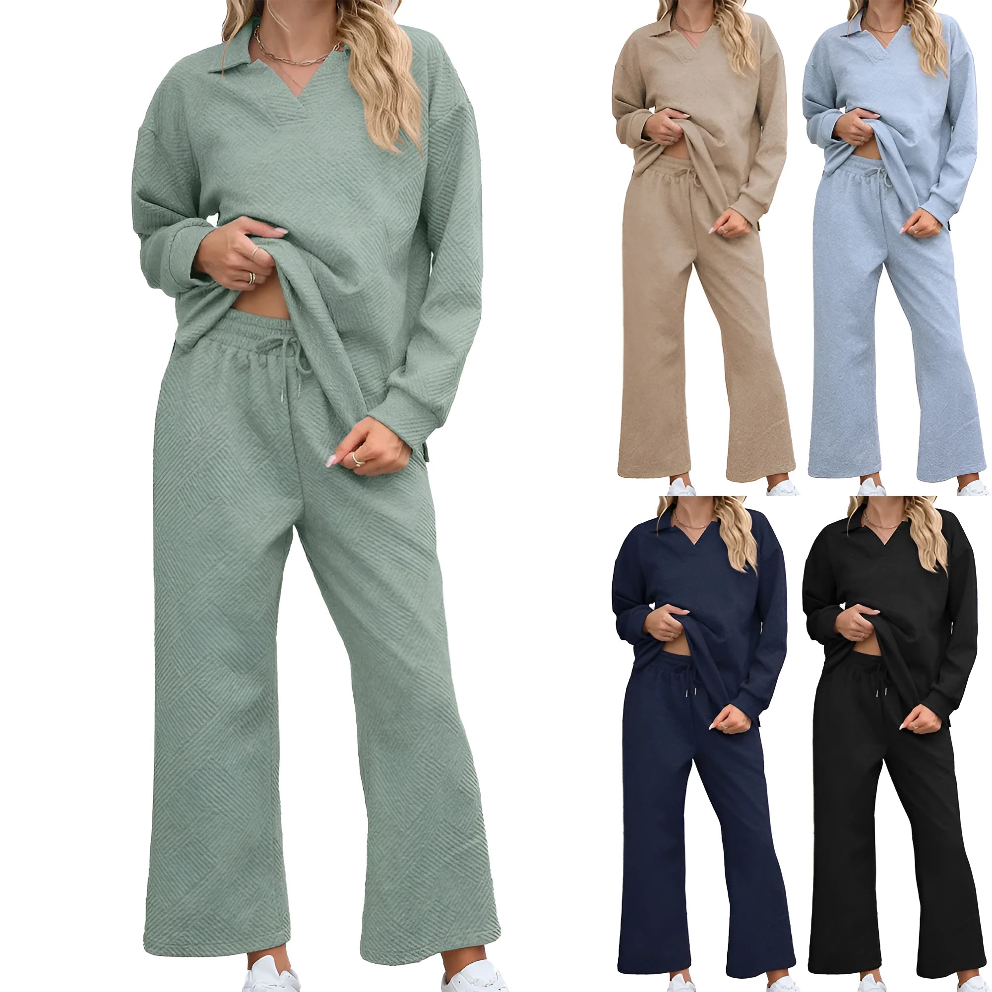 Women's solid colour knitted jacquard sweater and cropped pants suit in a geometric pattern.
