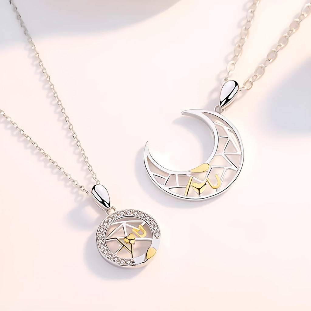 Sun Moon Tooth Couple Necklace with electroplated copper pendant and cross chain in celestial design