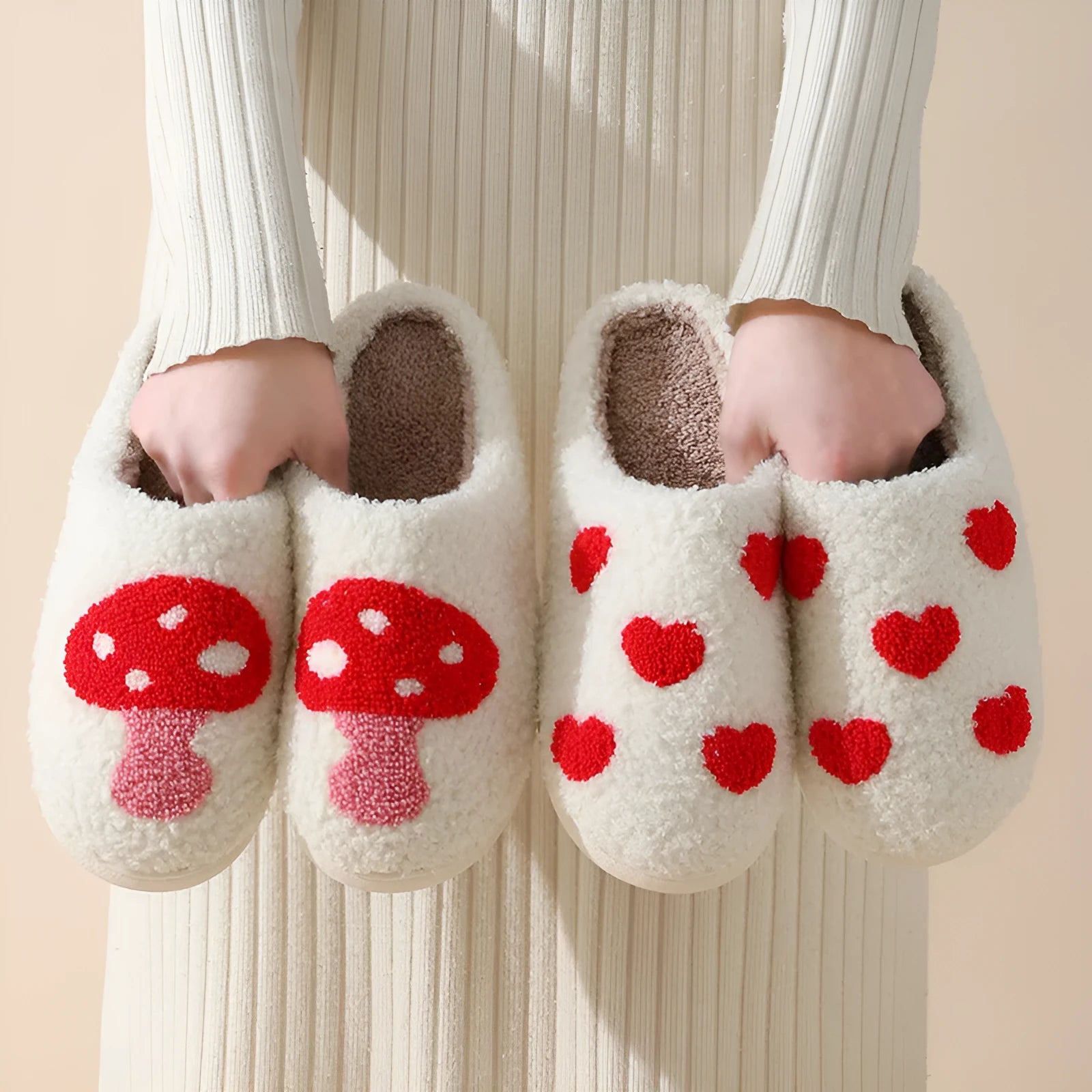 Womens plush cartoon slippers with a round toe and non-slip PVC sole in various colour designs.