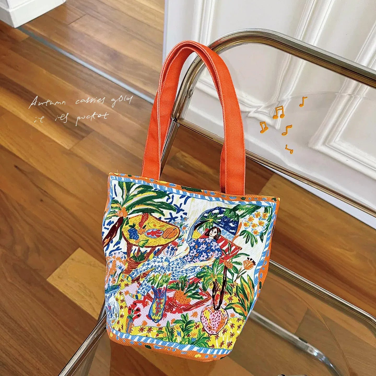 Dream Garden Orange plush canvas bucket bag with double shoulder straps and artistic letter printing