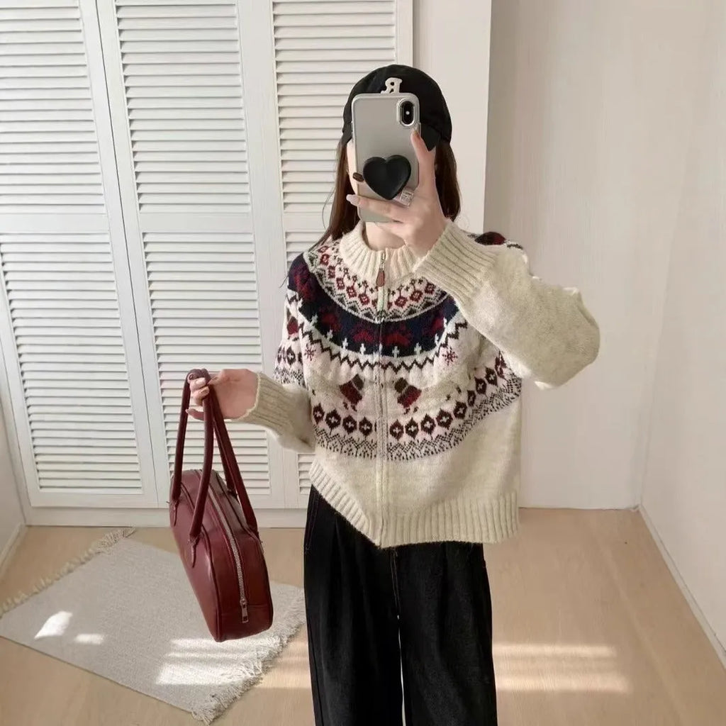 Beige apricot ethnic style jacquard pullover sweater with a 3D pattern and loose fit.