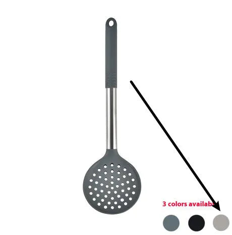 12-piece silicone kitchen utensil set in rotating storage bucket, showing spatula, ladle, and other tools.
