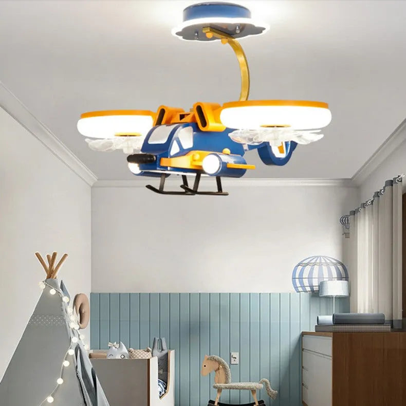 Yellow and blue ceiling fan light with acrylic lampshade and metal blades, remote control on side