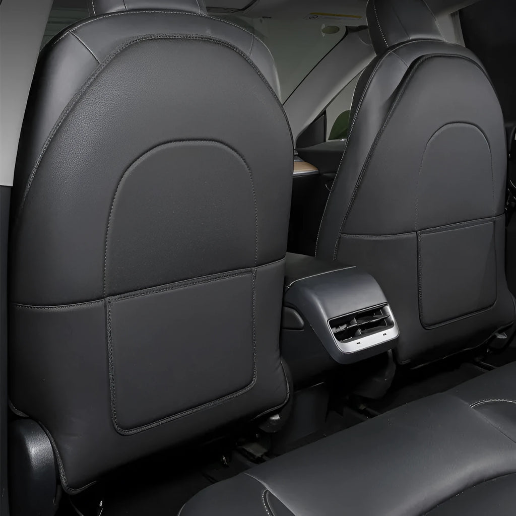 Black leather rear anti-kick pad for motorbike seat, showing single-pocket style.