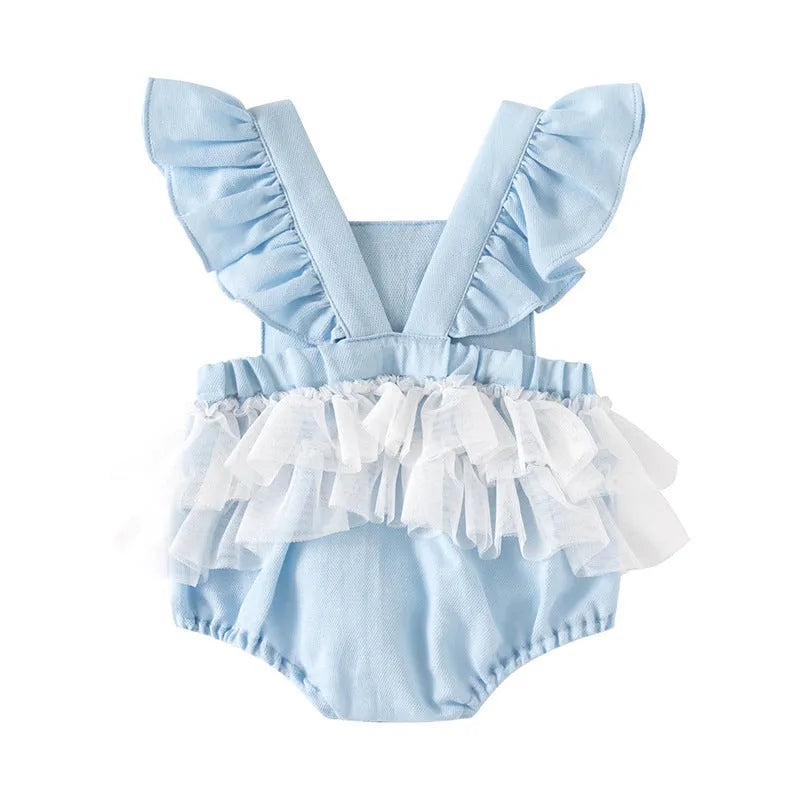 Cotton suspender onesie triangle jumpsuit for baby girls in sky blue