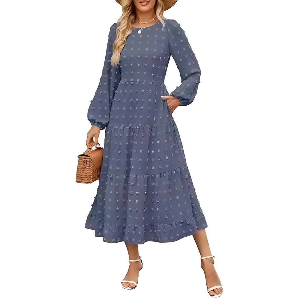 Long sleeve casual dress with round neck, high waist, and ruffle sleeves in a solid colour.