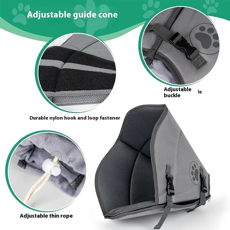 A white adjustable polyester recovery collar for pets, shown in sizes L, M, and XL.