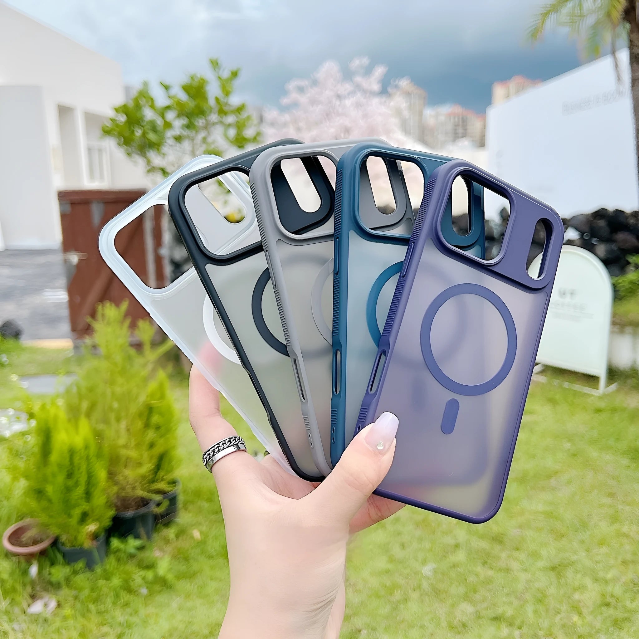Magnetic matte iPhone case with frosted finish for Apple 14-17 Pro models in five colour options