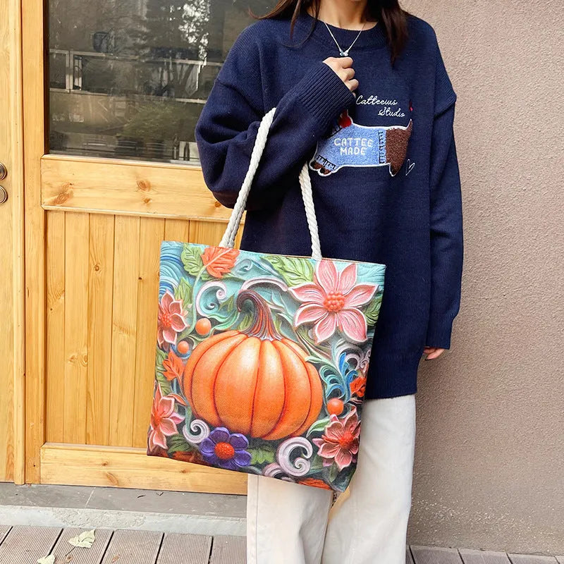 Cotton linen canvas shoulder bag in square horizontal shape with double straps and internal zipper pockets