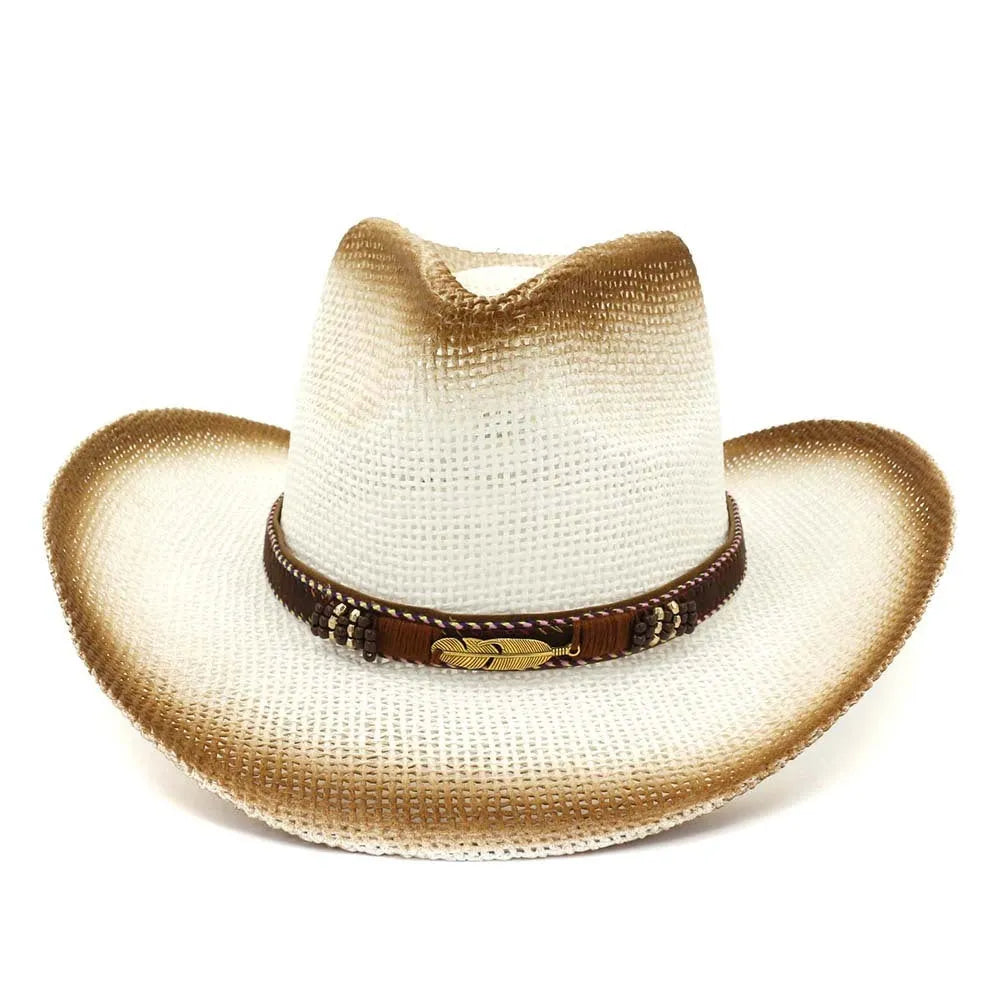 Korean style paper straw cowboy beach hat with Western spray paint design in beige colour