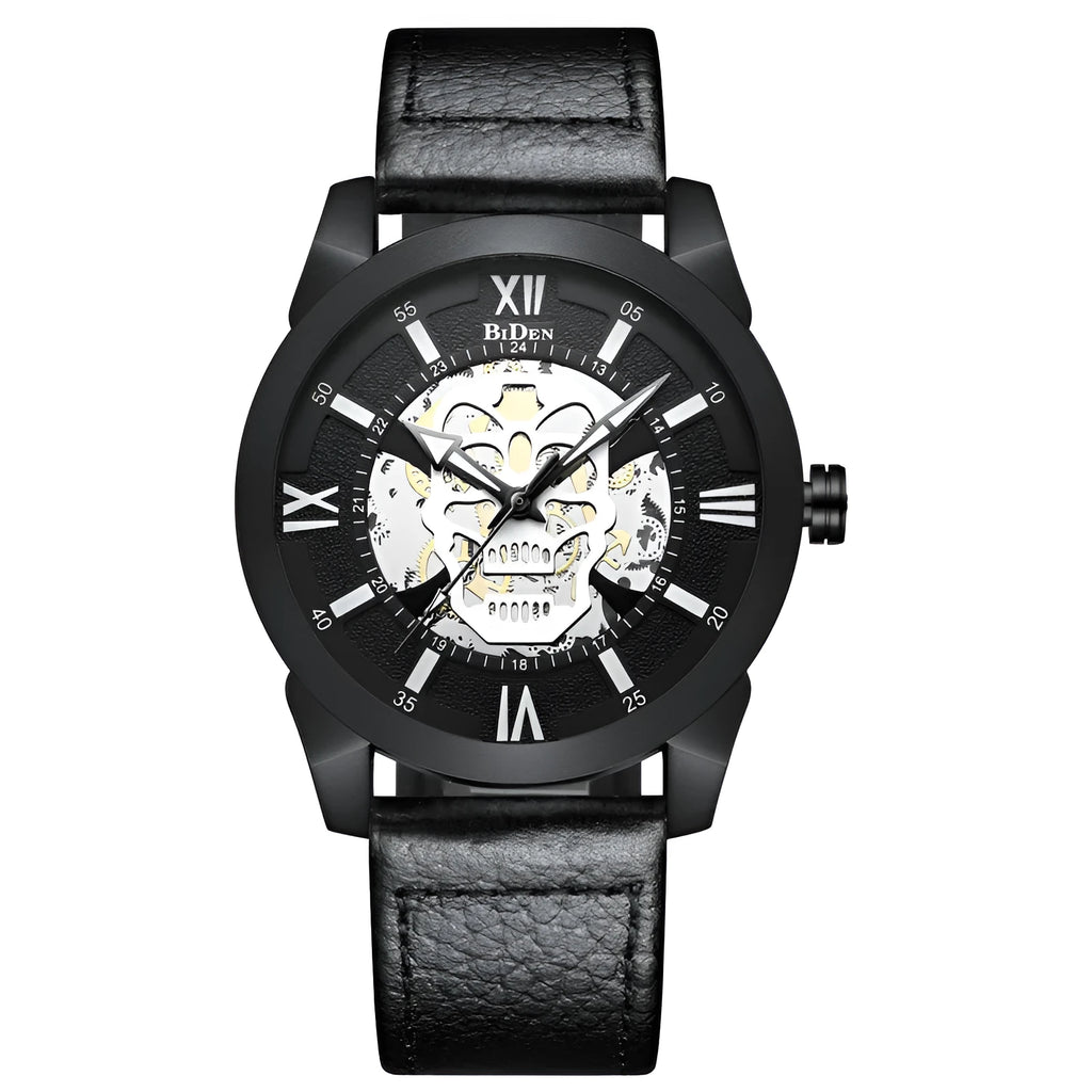Biden men's hollow quartz watch with calendar display and brown leather strap