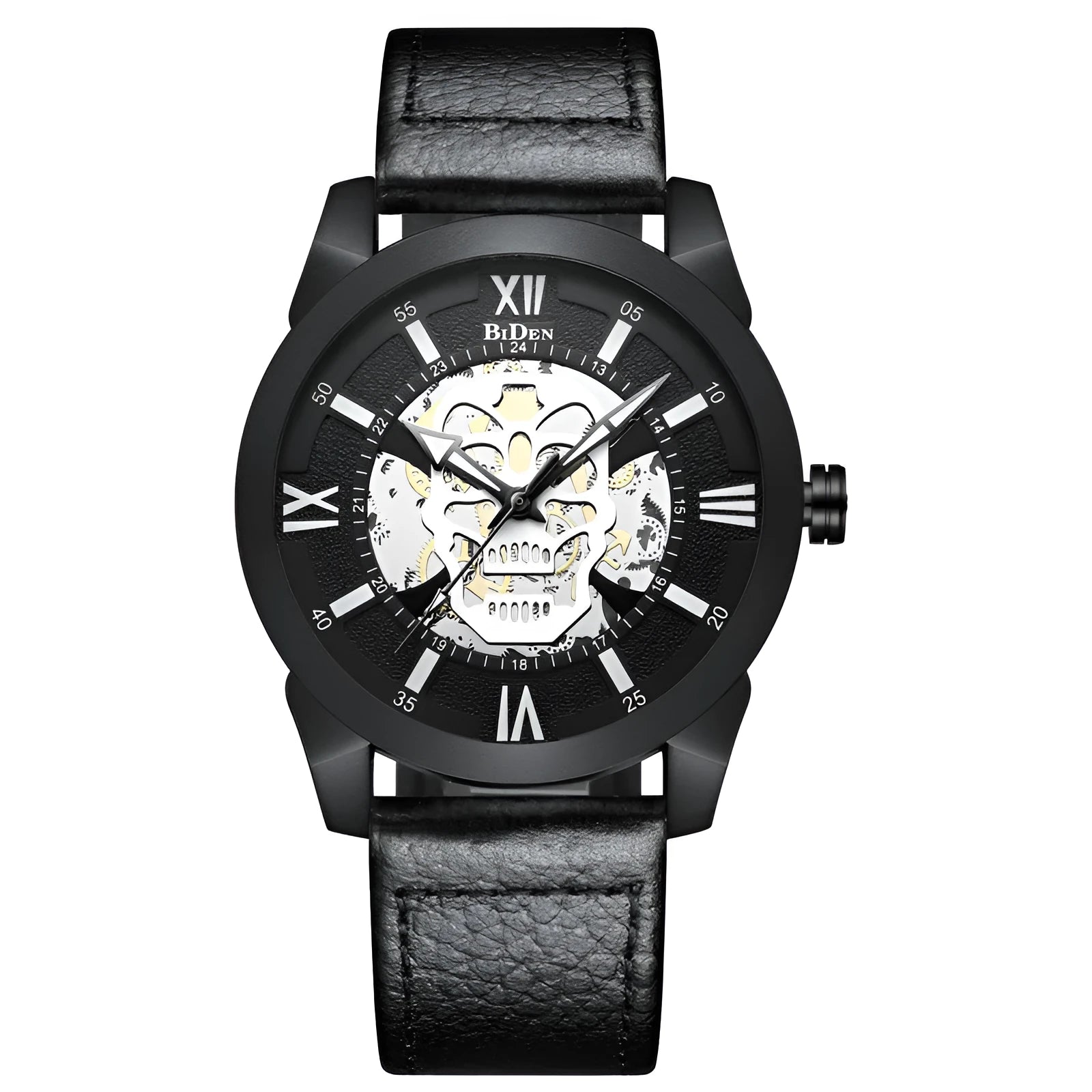 Biden men's hollow quartz watch with calendar display and brown leather strap