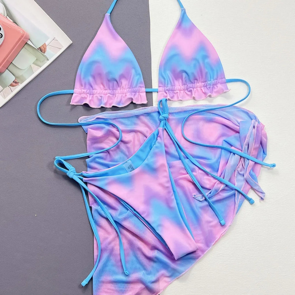 Women's split tie-dye swimsuit bikini set with skirt and bra components