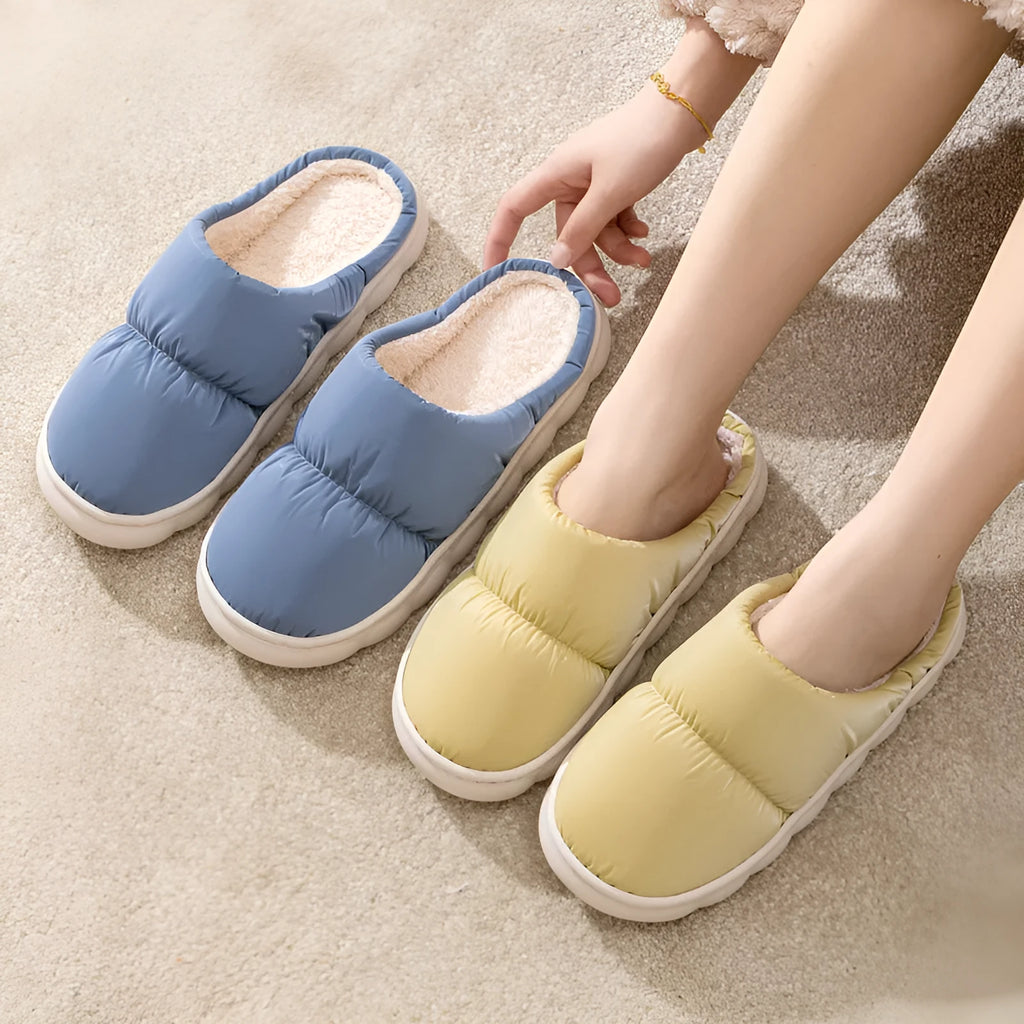 Down cotton slippers with artificial leather upper and rubber sole in blue colour