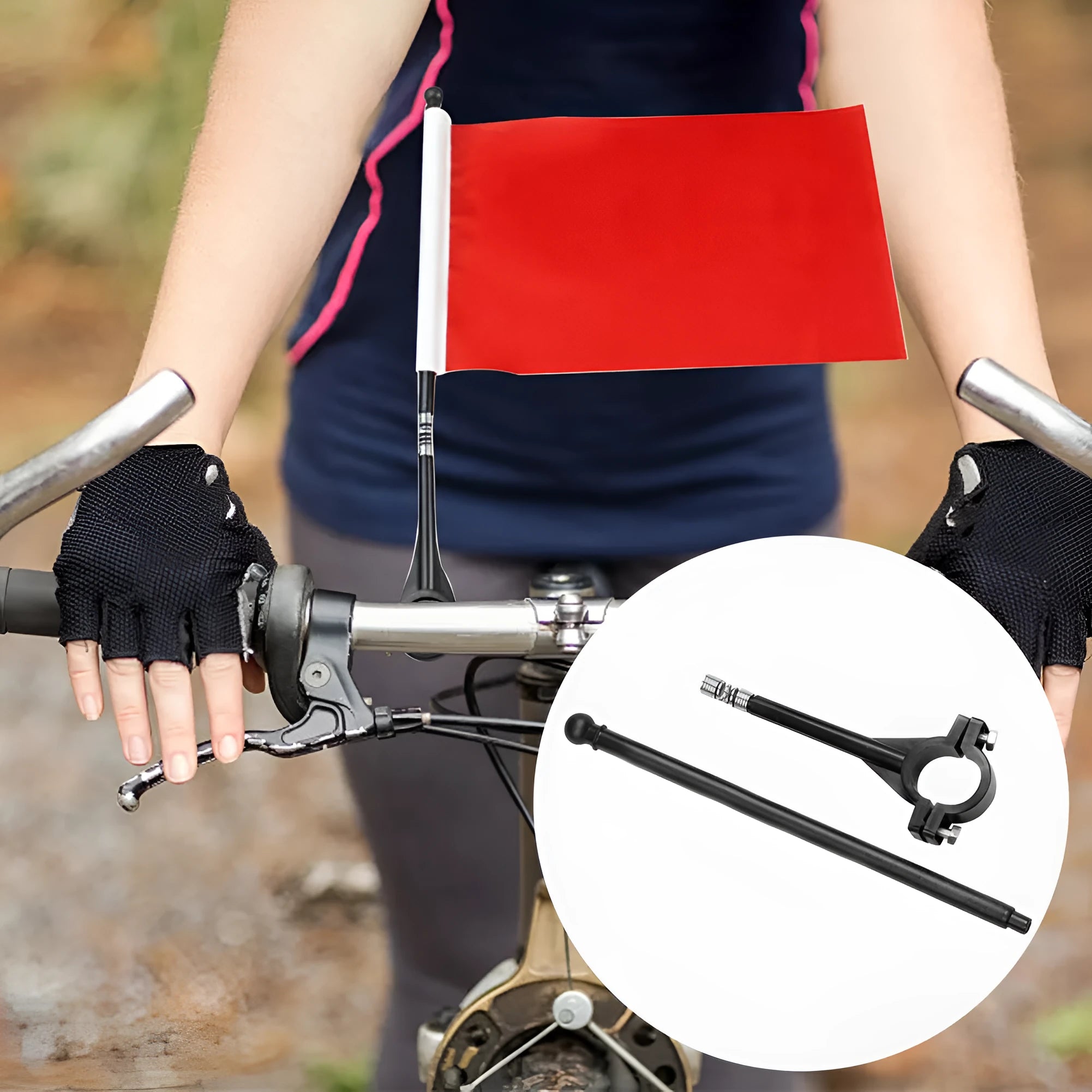 A square polyester car flag on a plastic pole designed for handlebar mounting.