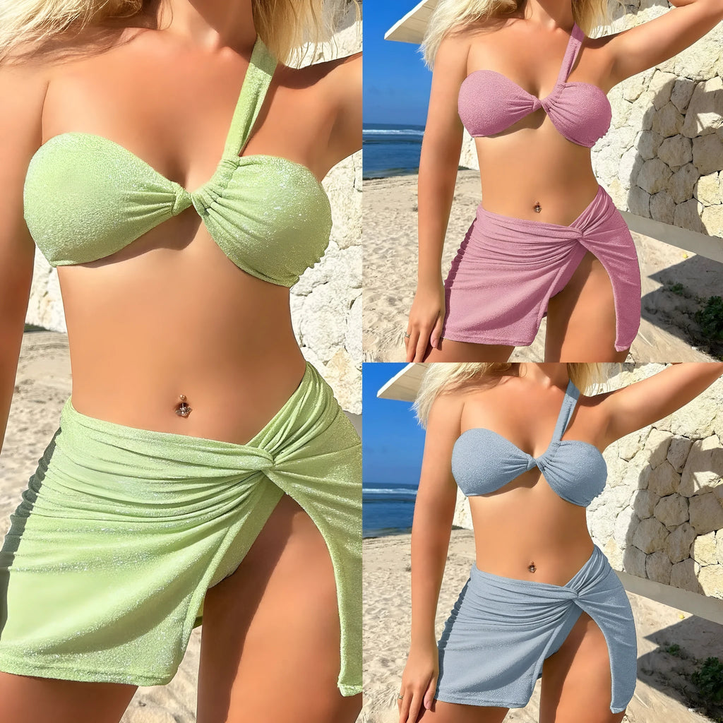 Women's light green one-shoulder tube top swimsuit three-piece set with matching skirt