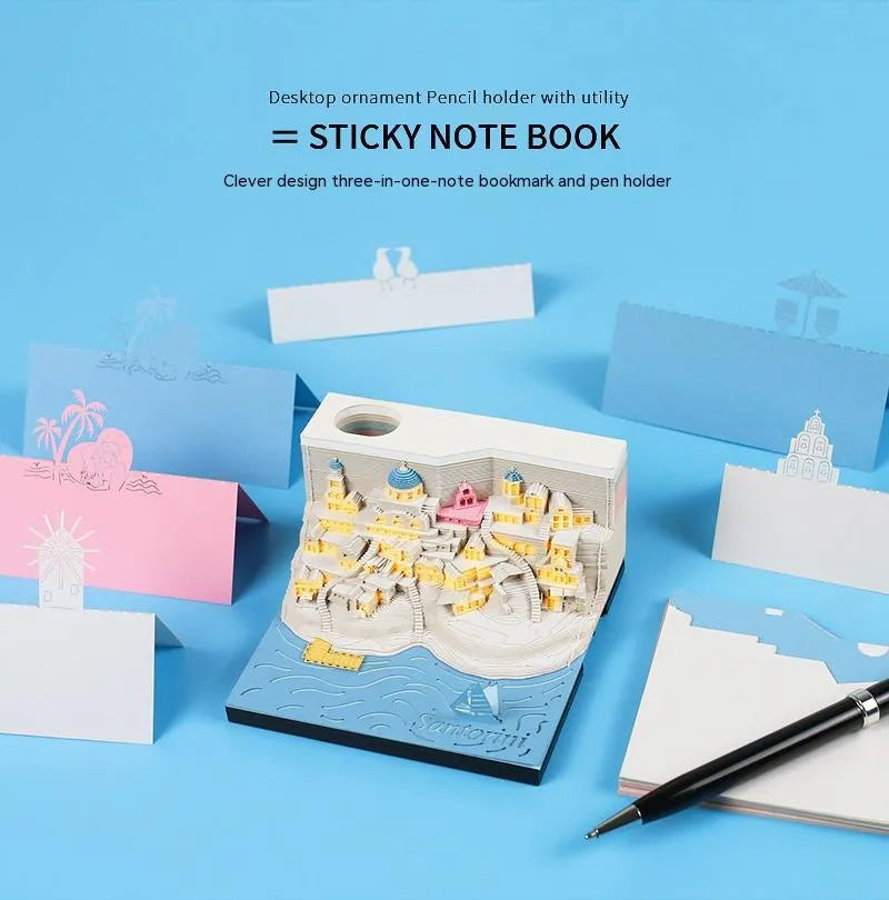 Santorini beach three-dimensional paper carving notepad and building model measuring 9x9x5 cm