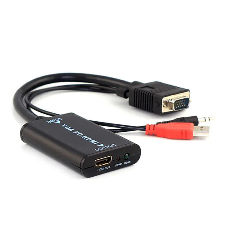 Black VGA to HDMI converter with USB cable for computer to television connection