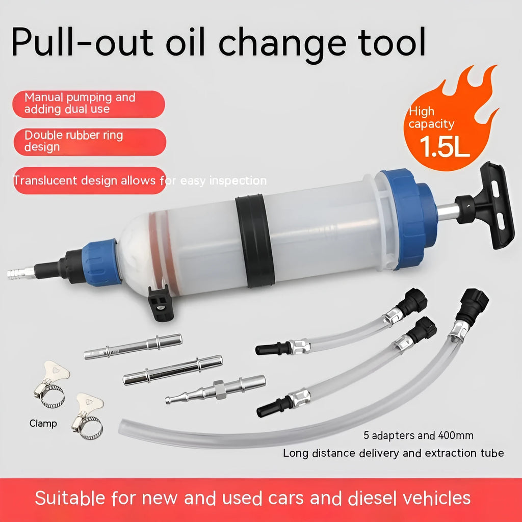 Manual oil pump syringe tool with suction and injection ports for fluid transfer