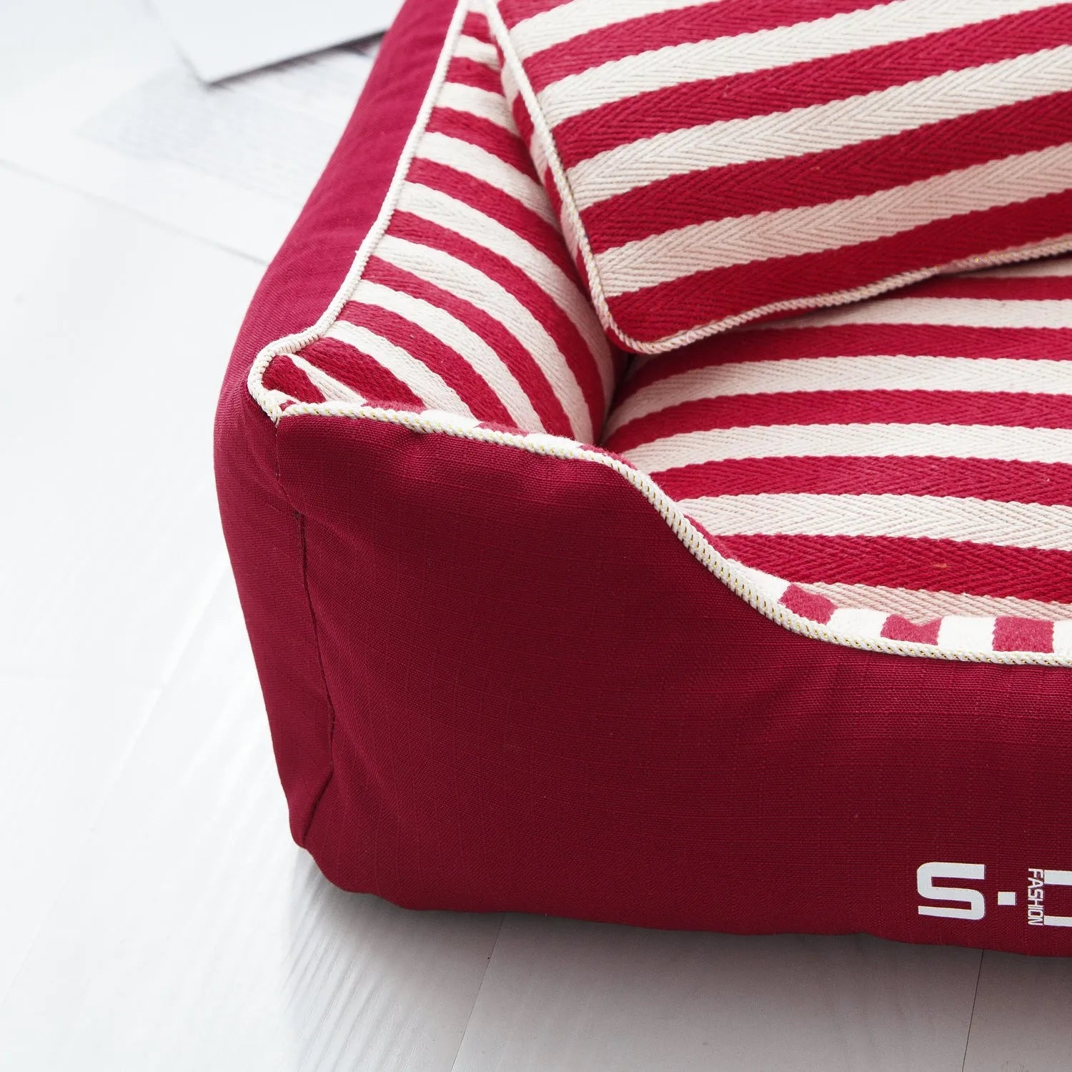 Navy stripe dog kennel mat with matching fabric pillow in blue or red colour options