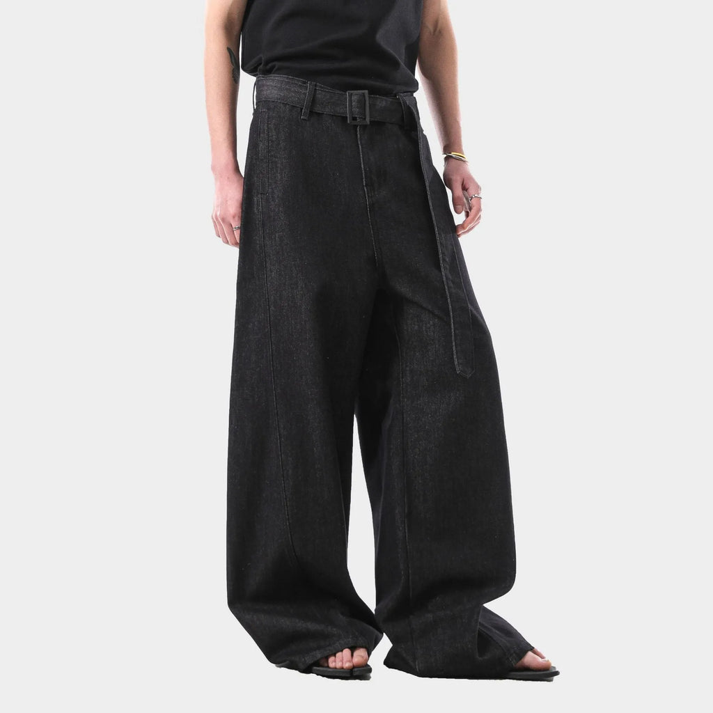 Women's retro black gold wash high waist straight leg cotton denim jeans on a hanger.