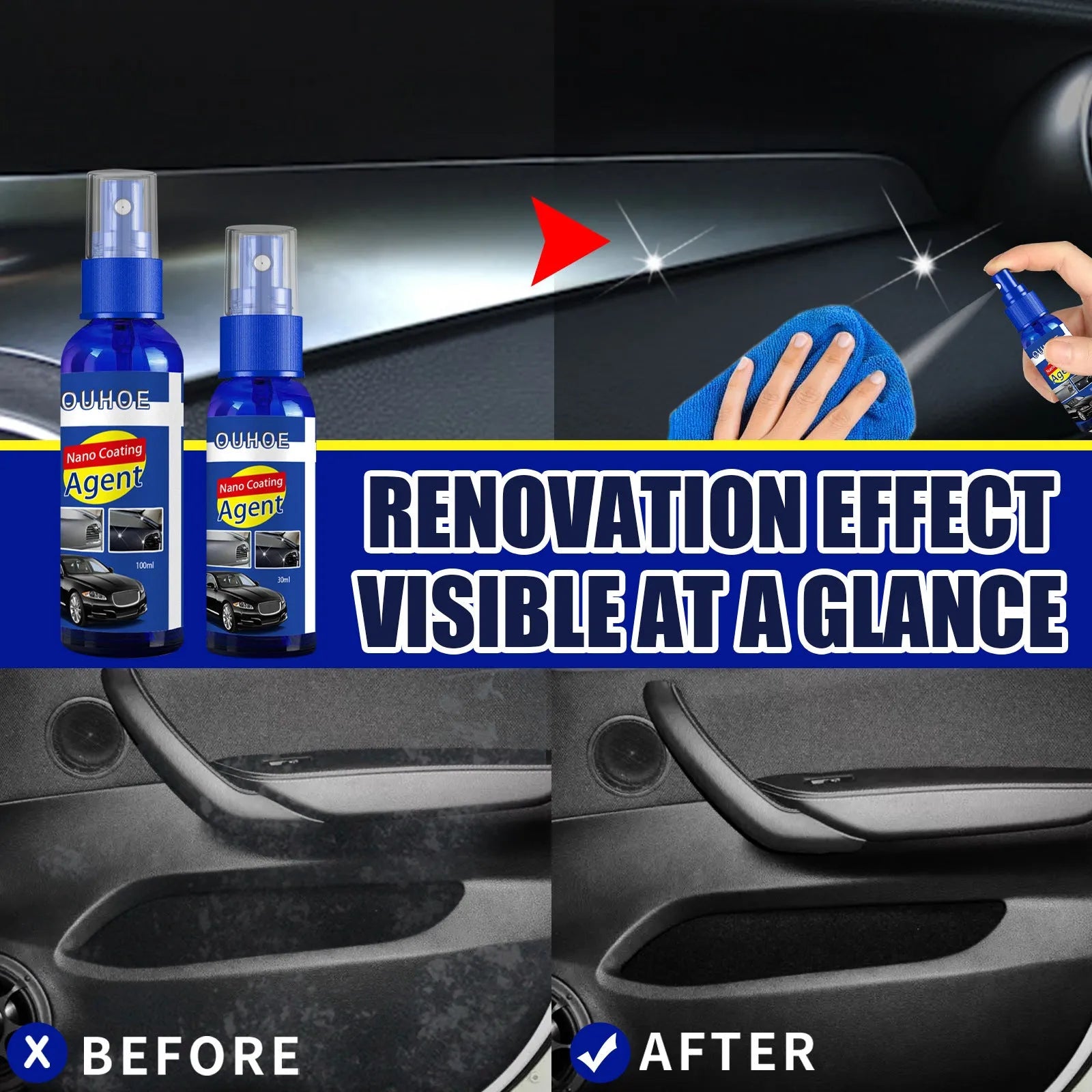 Car interior plastic renovation spray bottle with yellow sponge applicator for dashboard and trim restoration
