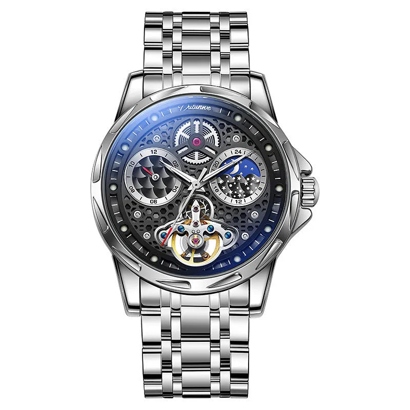Men's automatic business watch with luminous hands on a steel bracelet, showing a black dial.