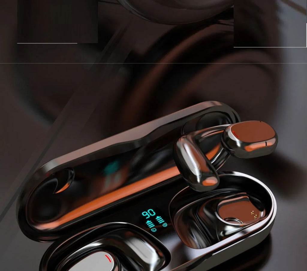 Black and white wireless Bluetooth earplug headphones with charging case showing bilateral stereo design