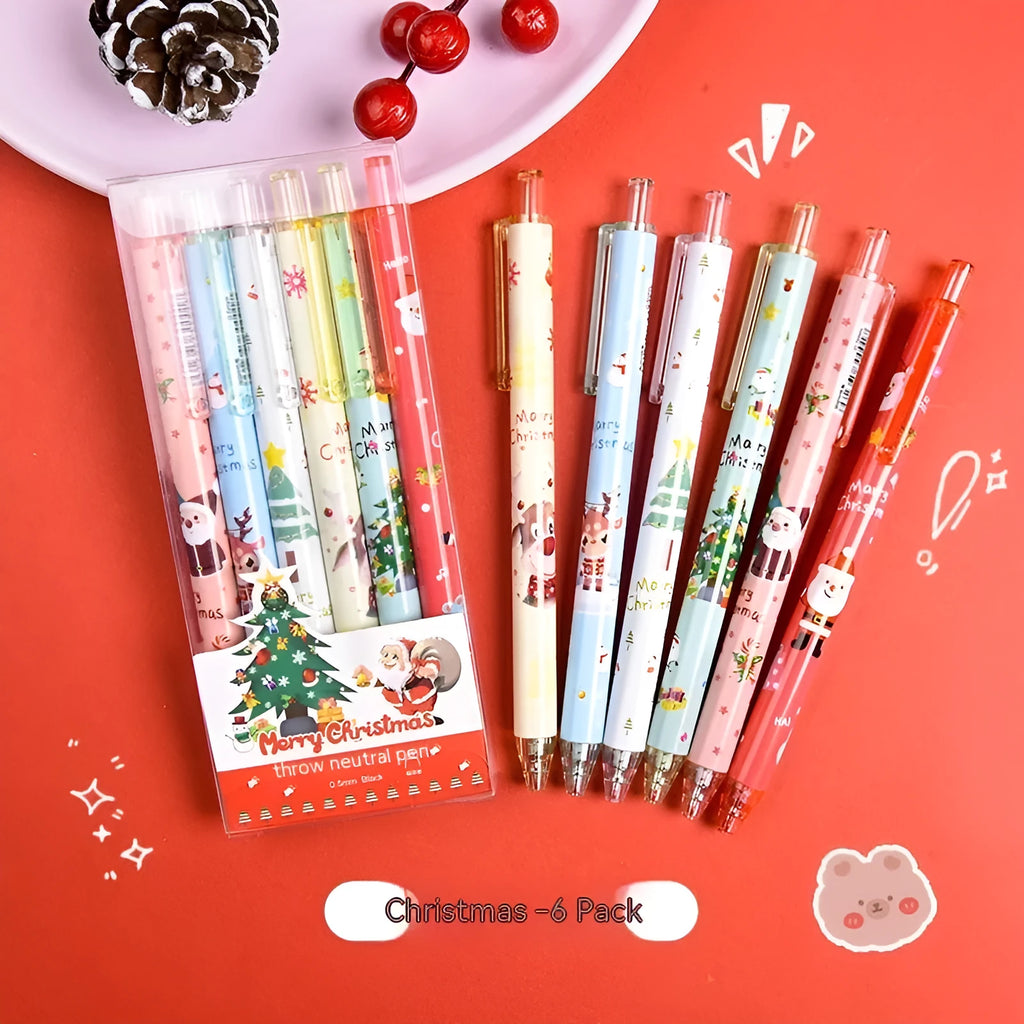Six black gel pens with cartoon-themed plastic casings packaged as Christmas reward gift set