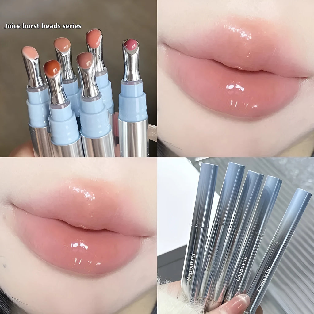 Mirror Water Light Lipstick in six colours: Almond Ice, Silver Ice, Pear Ice, Raspberry Ice, Peach Gum Ice, Pomegranate Ice.