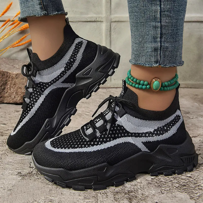 Flying Woven mesh dad shoes women's breathable lightweight soft sole casual sneakers flat heel front lace-up round toe