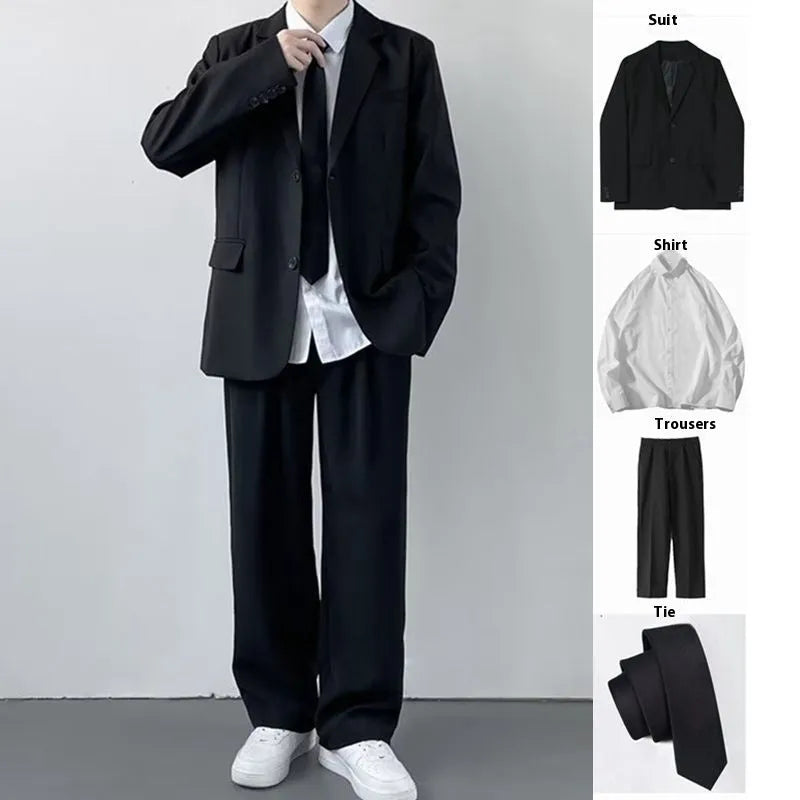 Men's plus size three-piece suit set with jacket, trousers, shirt and tie in college style