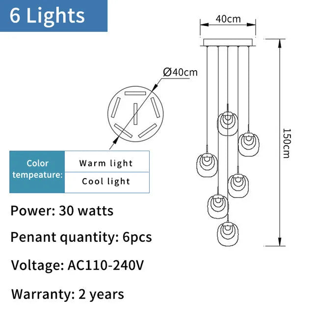 Gold 6-head crystal LED chandelier with stainless steel chassis, 600mm fixture, 150cm adjustable cable