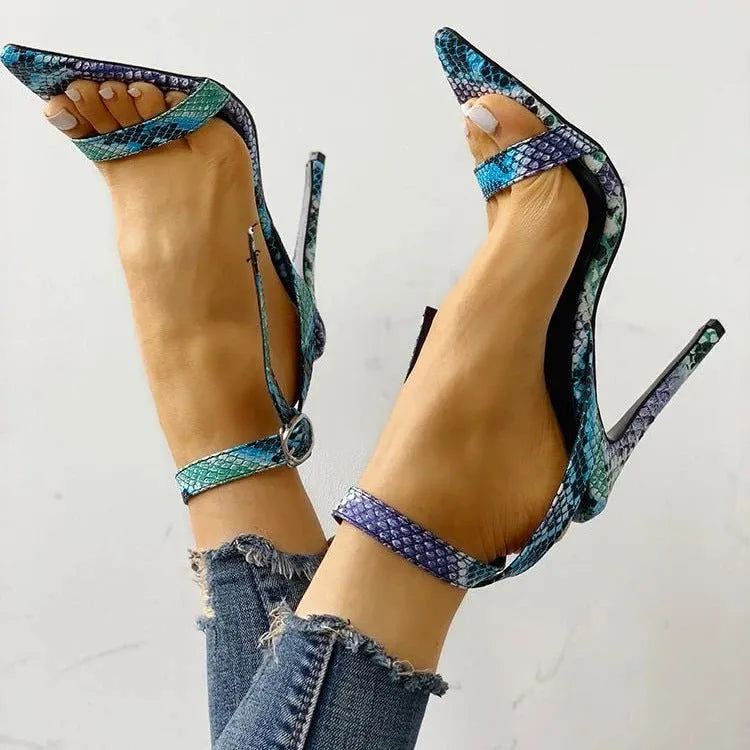 Blue women's court high heels with buckle fastening and hollow-out design, European large sizes 34-43