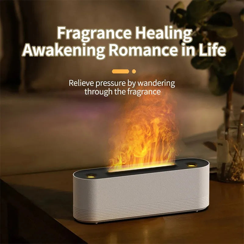 Black ultrasonic humidifier diffuser with 7-colour LED flame lighting effect and water mist emission