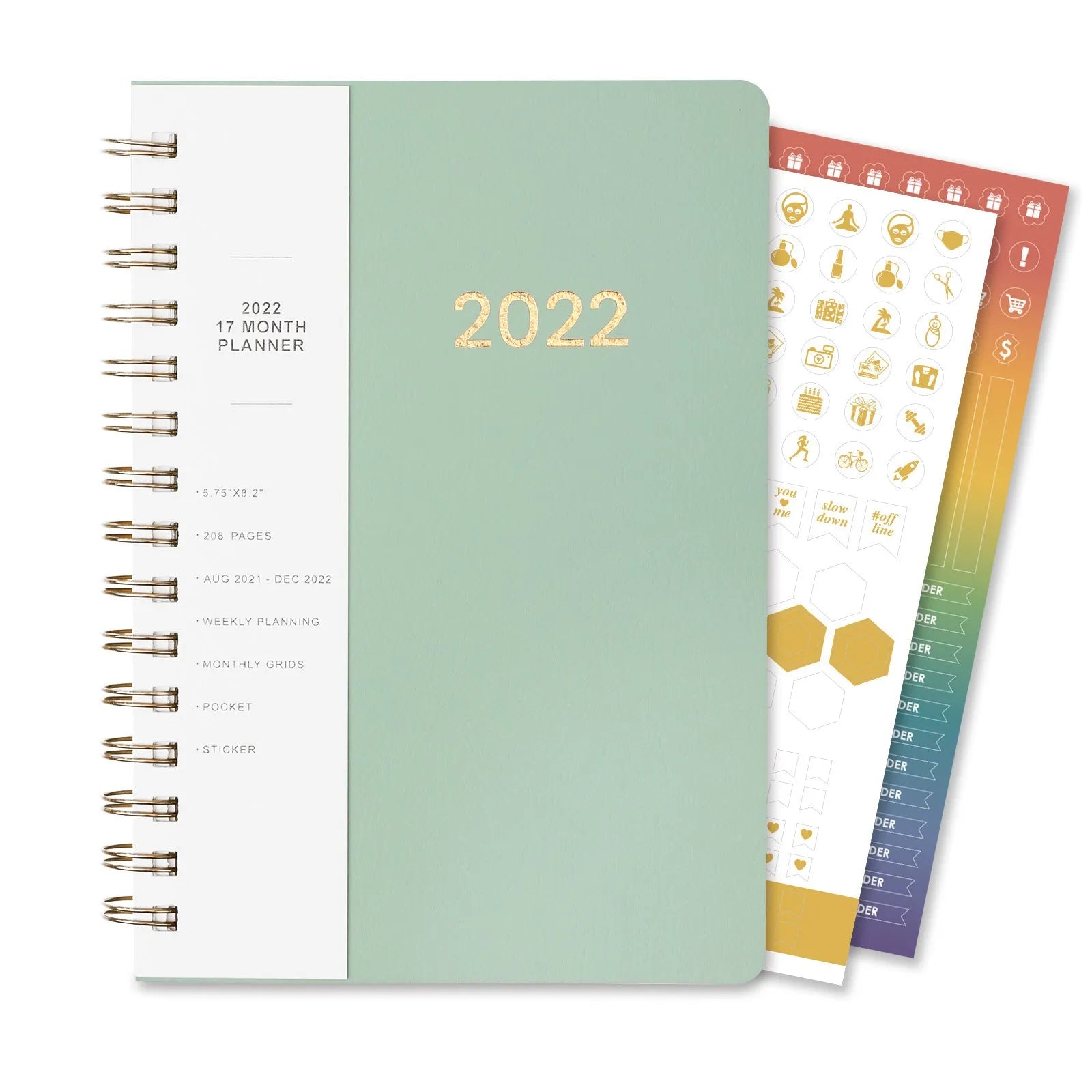 Blue and green 2022 student week planner notebook with PU leather cover showing 148 pages and storage pockets