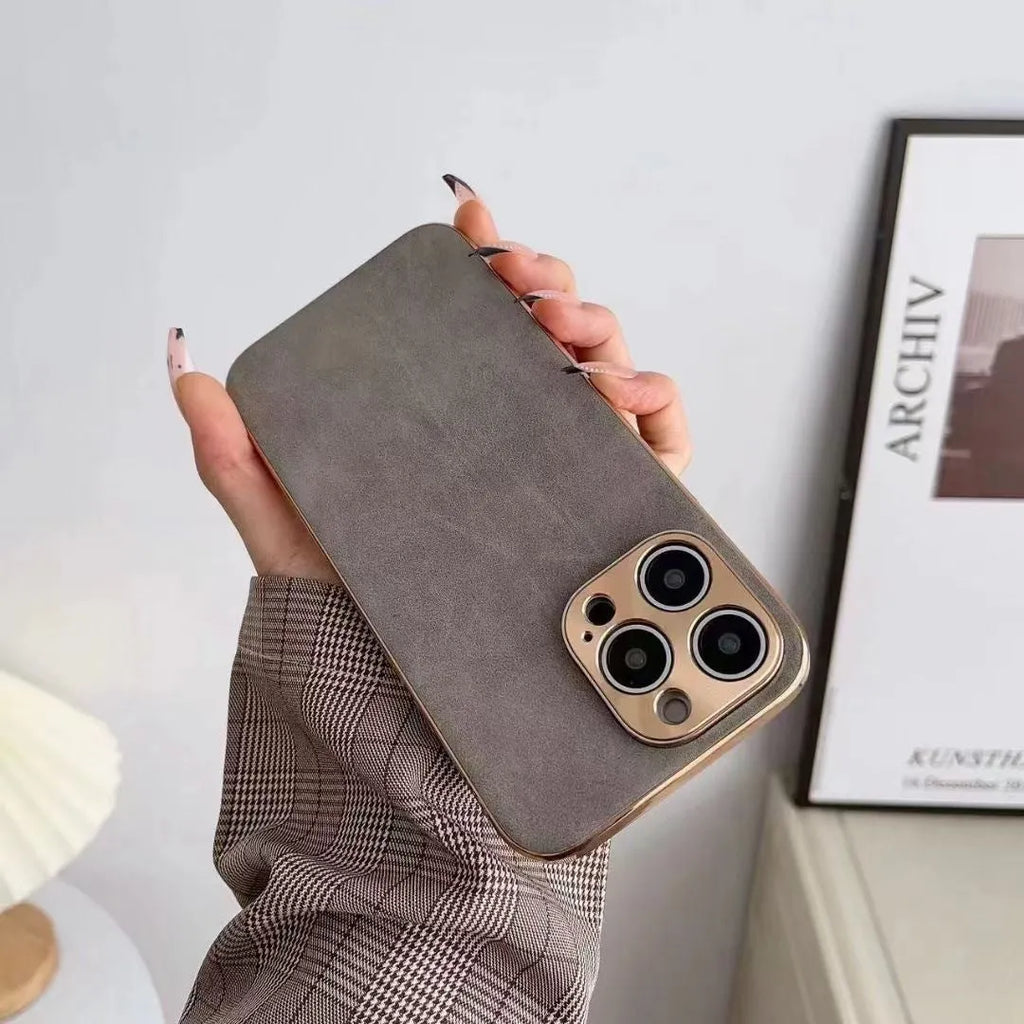 Leather-textured TPU phone case for iPhone in grey, black, grey-green, and blue colour options.