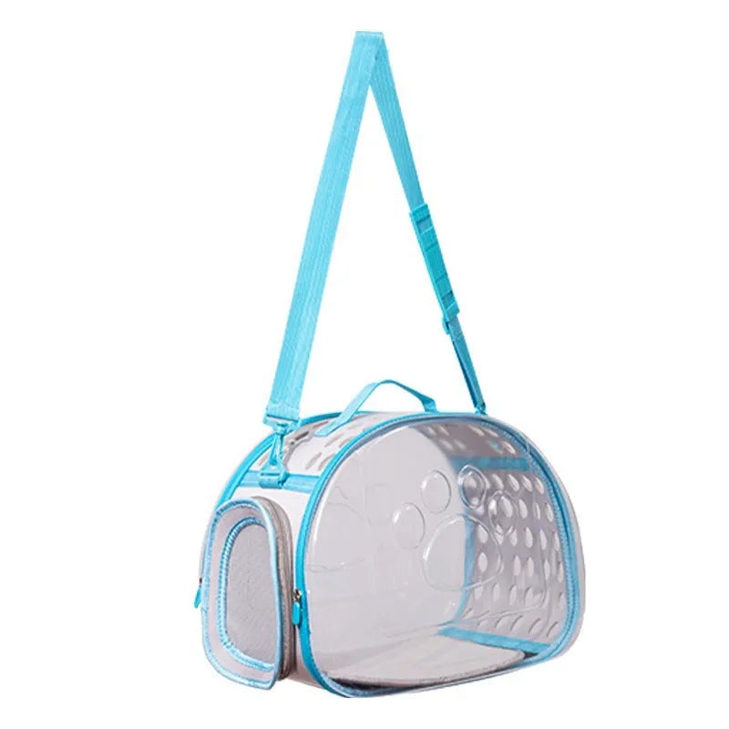 Large transparent hard EVA cat backpack carrier in grass green colour, showing spacious interior.
