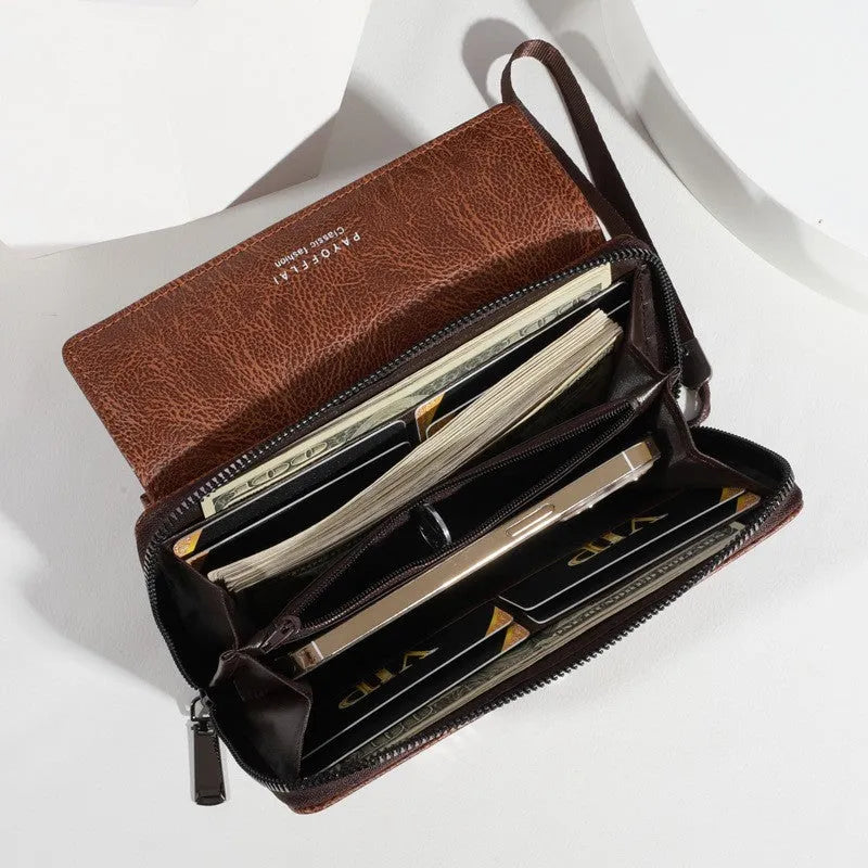 Men's black PU leather bifold wallet with multiple card slots, shown closed.
