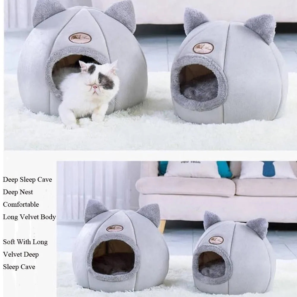 Large grey enclosed sofa-style winter nest cat bed for indoor cats, showing removable fleece lining.