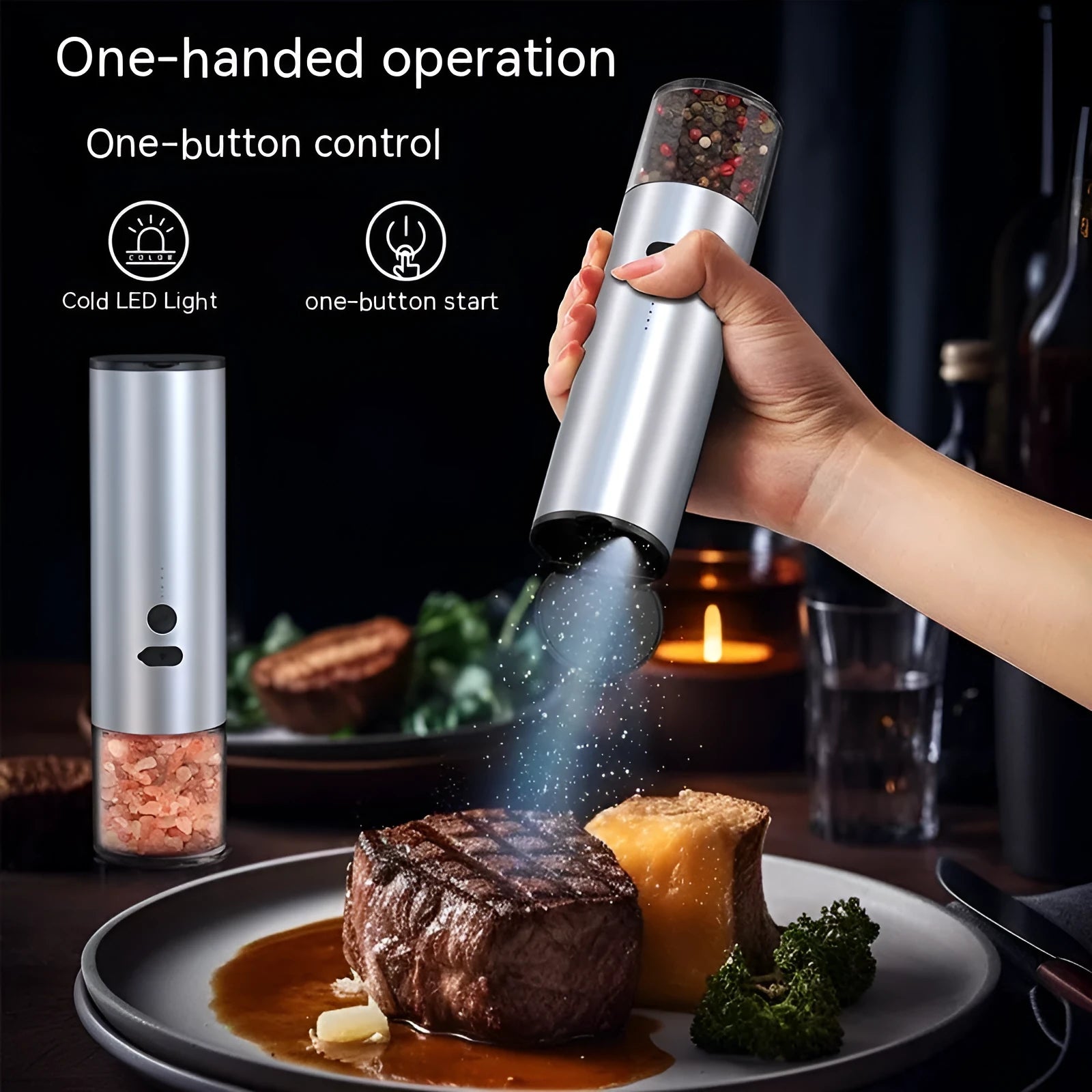 USB rechargeable electric salt and pepper grinder set with clear glass jar and stainless steel top