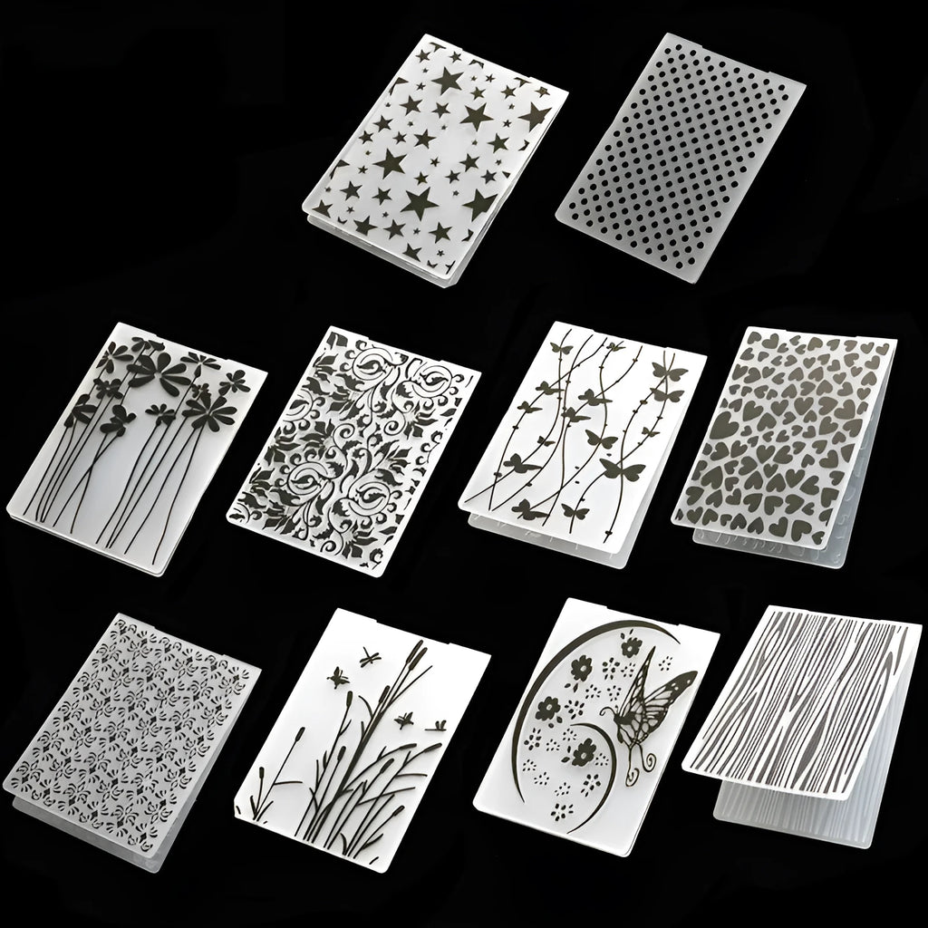 Set of 10 plastic cake decorative moulds showing windmill, star, butterfly, flower, arrow, love, bark flower, polka dot and dragonfly designs