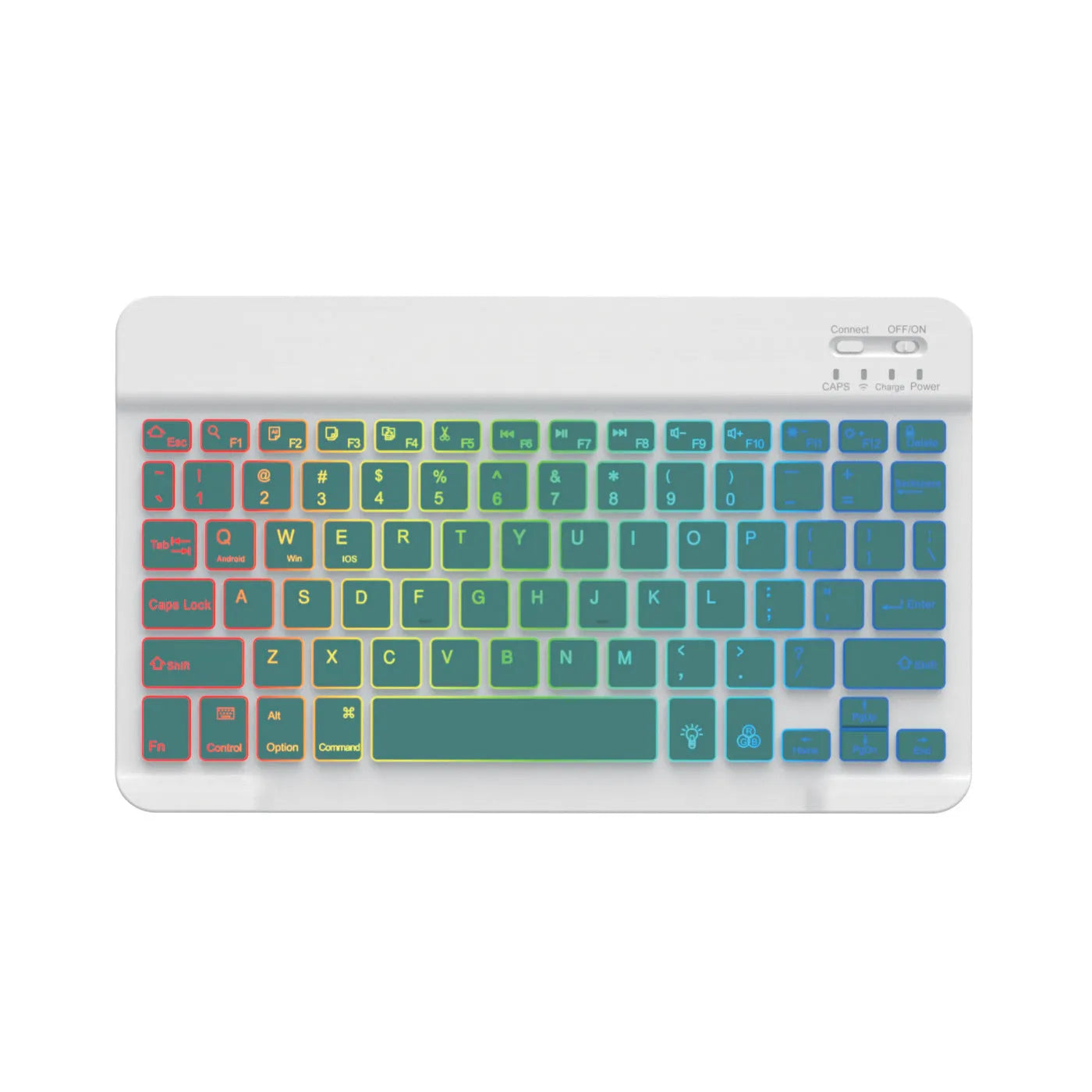Compact 10-inch black Bluetooth keyboard with colourful LED backlight, shown next to a tablet.