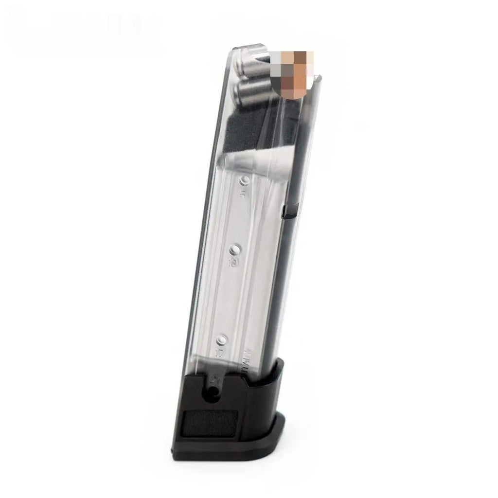 Transparent tactical power bank with decorative bullet clips showing 3500mAh PD3.0 charging