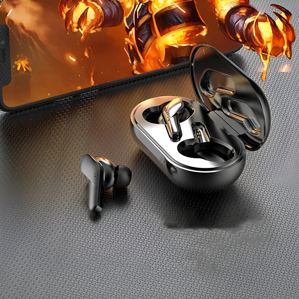 Black binaural Bluetooth V5.0 in-ear headphones with charging compartment and food-grade silicone ear caps