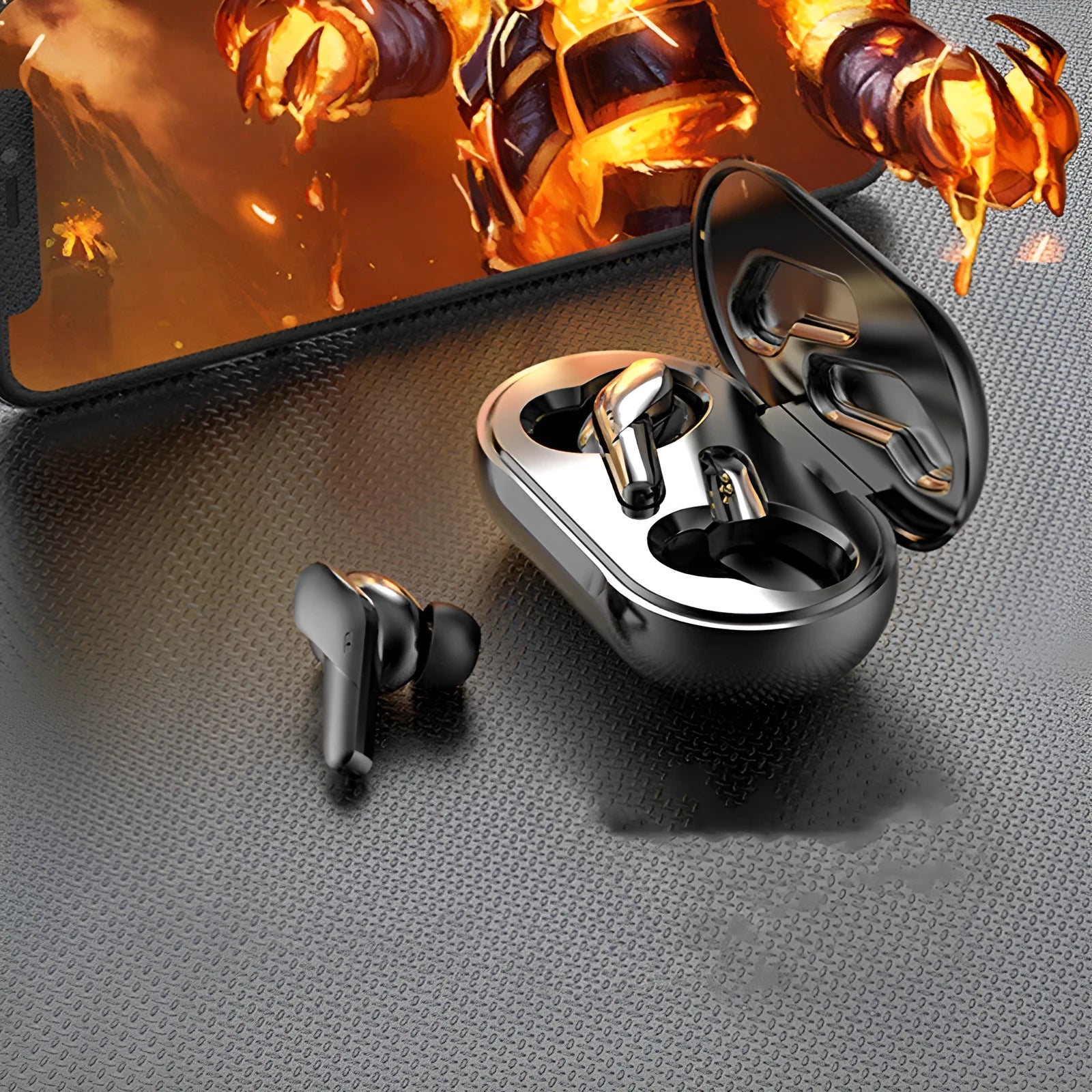 Black binaural Bluetooth V5.0 in-ear headphones with charging compartment and food-grade silicone ear caps