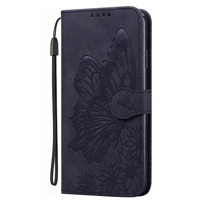 Retro big bowknot embossed leather phone case in purple with built-in bracket for iPhone and Samsung models