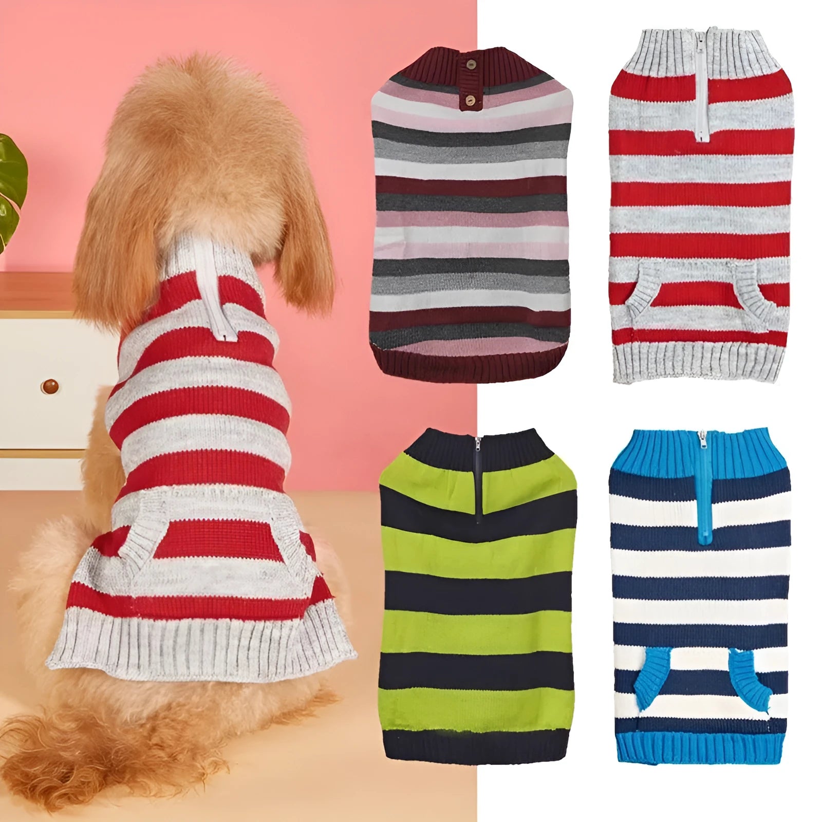 Grey acrylic dog sweater with a horizontal front zipper and button pocket on a small dog.