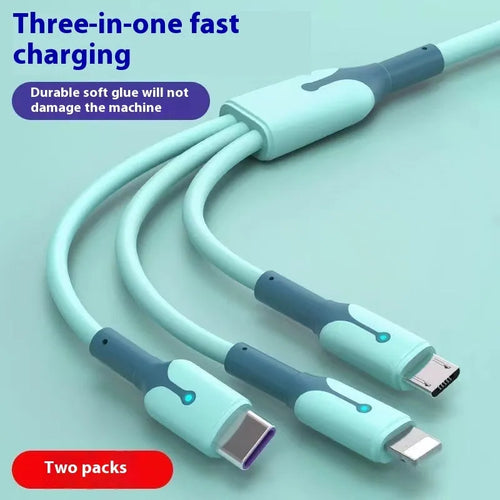 5A Super Three-in-one silicone charging cable with Lightning, Micro USB, and TYPE-C connectors in blue